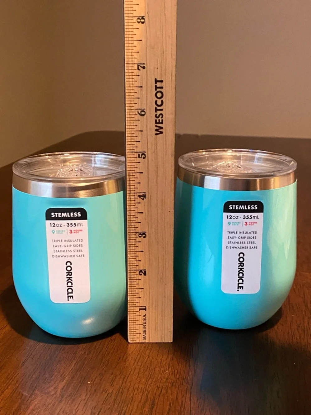 NIB Two Corkcicle Stemless Insulated Tumblers in Turquoise (Uline Branded)